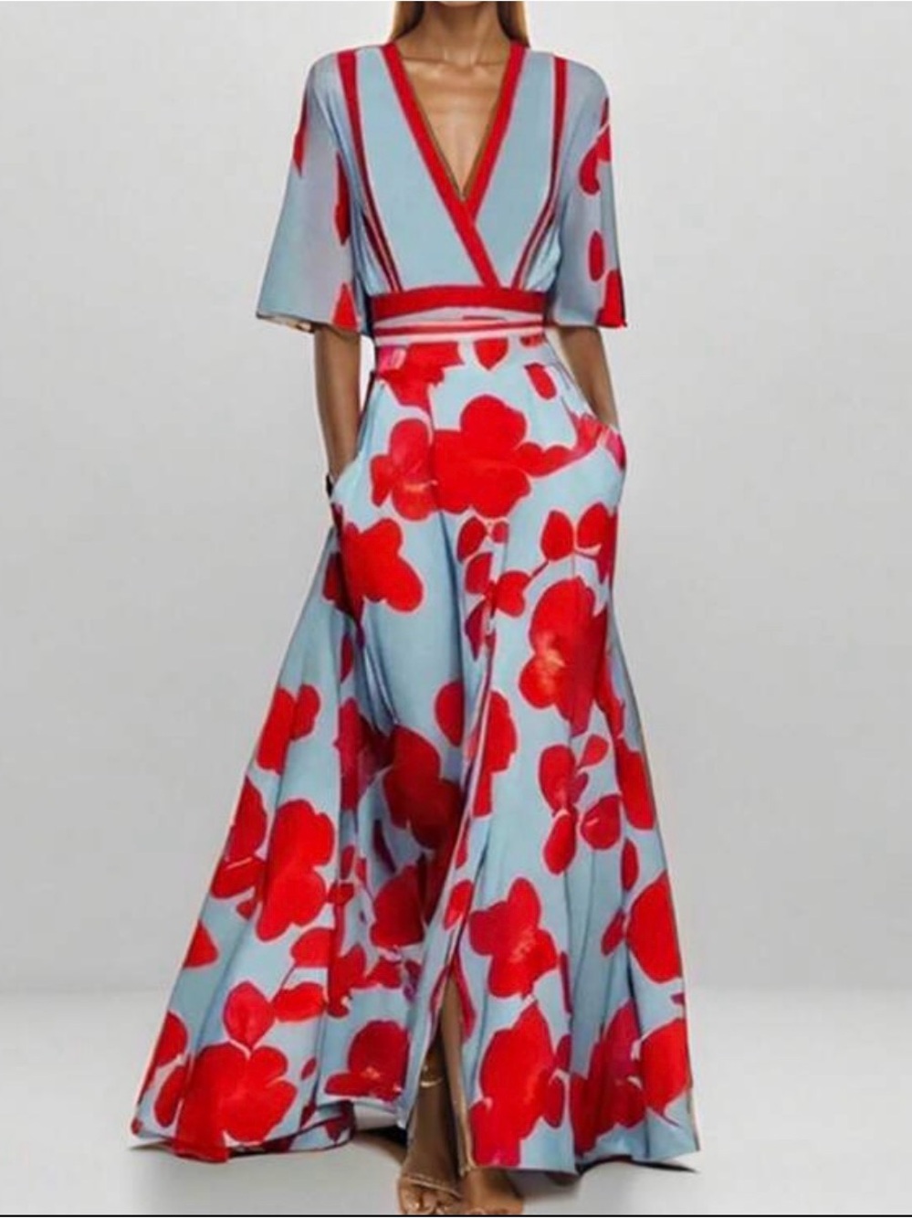 SHEIN Red Floral Wrap Maxi Dress on Light Blue